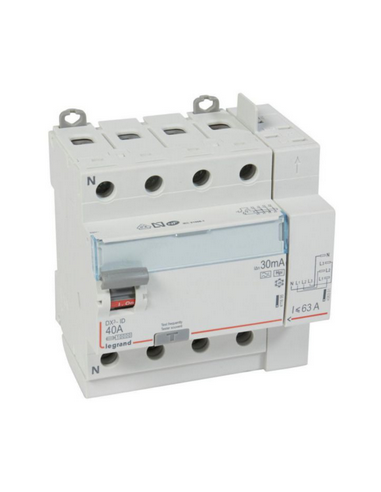 Interrupteur différentiel DX³-ID arrivée haut vis départ haut auto 4 Pôles 400V~ 40A type F 30mA 5 modules LEGRAND 411658