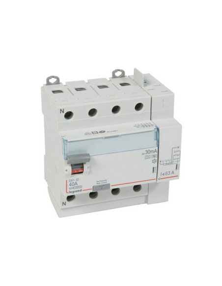 Interrupteur différentiel DX³-ID arrivée haut vis départ haut auto 4 Pôles 400V~ 40A type F 30mA 5 modules LEGRAND 411658