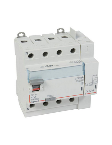 Interrupteur différentiel DX³-ID arrivée haut vis départ haut auto 4 Pôles 400V~ 40A type F 30mA 5 modules LEGRAND 411658