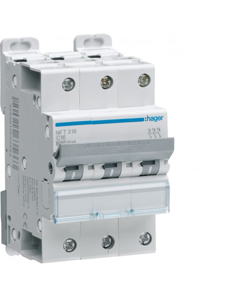 Disjoncteur 3 Pôles 6-10kA courbe C 16A 3 modules HAGER NFT316