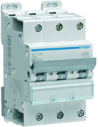 Disjoncteur 3 Pôles 6-10kA courbe C 16A 3 modules HAGER NFT316