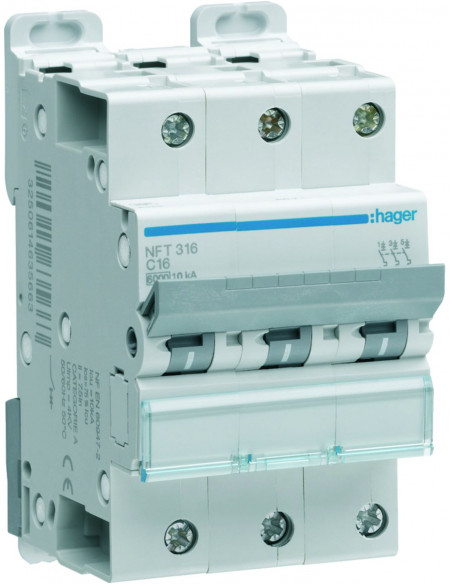 Disjoncteur 3 Pôles 6-10kA courbe C 16A 3 modules HAGER NFT316