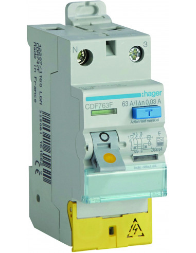 Interrupteur différentiel 2 Pôles 63A 30mA type F Bornes décalées HAGER CDF763F