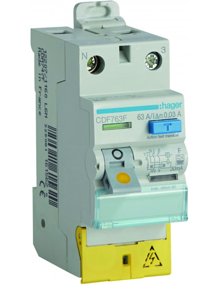 Interrupteur différentiel 2 Pôles 63A 30mA type F Bornes décalées HAGER CDF763F