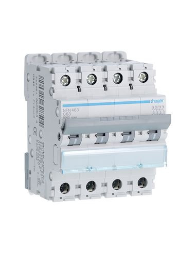 Disjoncteur Tetrapolaire 4 pôles 6-10kA courbe C 63A 4 modules HAGER NFN463