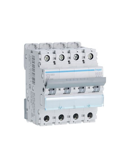 Disjoncteur Tetrapolaire 4 pôles 6-10kA courbe C 63A 4 modules HAGER NFN463
