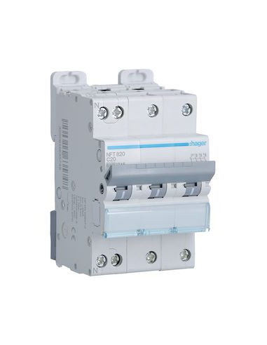 Disjoncteur 3P+N 10kA courbe C 20A 3 modules HAGER NFT820