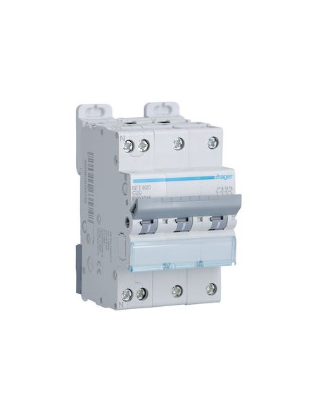 Disjoncteur 3P+N 10kA courbe C 20A 3 modules HAGER NFT820