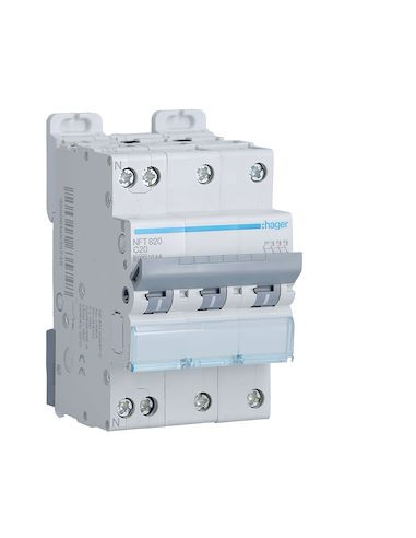 Disjoncteur 3P+N 10kA courbe C 20A 3 modules HAGER NFT820