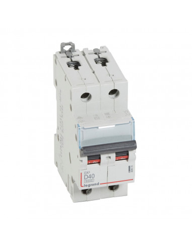 Disjoncteur DX³6000 arrivée haute et départ bas à vis 2 Pôles 400V 40A courbe D 2 modules LEGRAND 408035