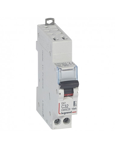 Disjoncteur DX³6000 10kA arrivée haute automatique et départ bas à vis U+N 230V~ 32A courbe C 1 module LEGRAND 407717