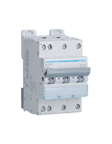 Disjoncteur 3P+N 10kA courbe C 32A 3 modules HAGER NFT832