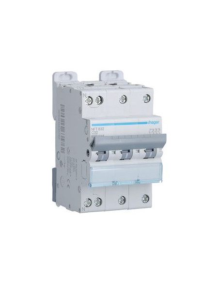 Disjoncteur 3P+N 10kA courbe C 32A 3 modules HAGER NFT832