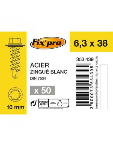 VIS HEX.AUTO+ROND 6,3X38 /50 FIXPRO FPRO7504KREC6338BP50