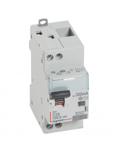 Disjoncteur différentiel DX³4500 arrivée haute et départ bas à vis U+N 230V~ 25A type AC 300mA courbe C 2 modules LEGRAND 410727