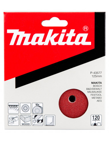 10 Disques abrasifs grain 120 Ø125 mm auto-agrippant 8 trous (bois/métal) MAKITA P-43577
