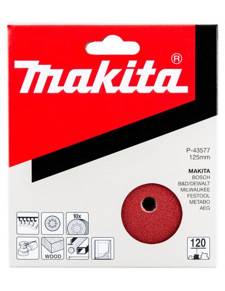 10 Disques abrasifs grain 120 Ø125 mm auto-agrippant 8 trous (bois/métal) MAKITA P-43577