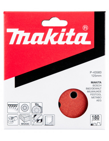 10 Disques abrasifs grain 180 Ø125 mm auto-agrippant 8 trous (bois/métal) MAKITA P-43583
