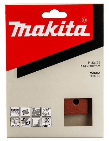 10 Feuilles rectangulaires abrasives 114x102 mm 3 + 3 trous Auto-agrippant Grain 120 MAKITA P-33124