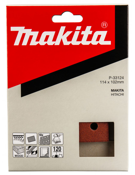 10 Feuilles rectangulaires abrasives 114x102 mm 3 + 3 trous Auto-agrippant Grain 120 MAKITA P-33124