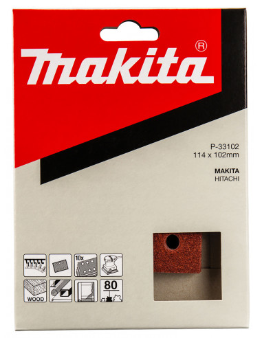 10 Feuilles rectangulaires abrasives 114x102 mm 3 + 3 trous Auto-agrippant Grain 80 Bois Métal MAKITA P-33102