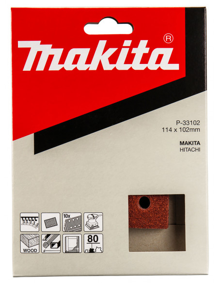 10 Feuilles rectangulaires abrasives 114x102 mm 3 + 3 trous Auto-agrippant Grain 80 Bois Métal MAKITA P-33102