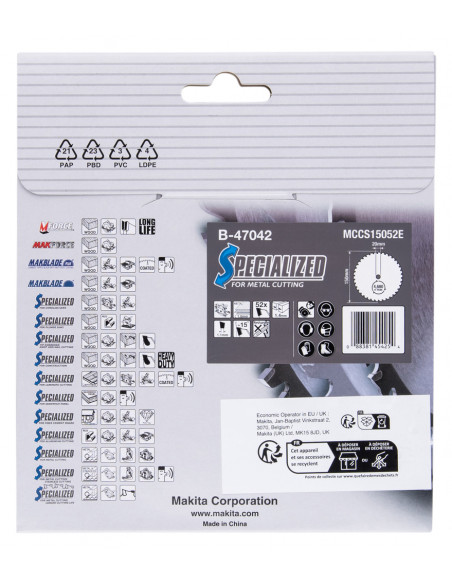 Lame carbure ''Specialized'' Tôles minces pour scies circulaires 150x20mm 52D MAKITA B-47042