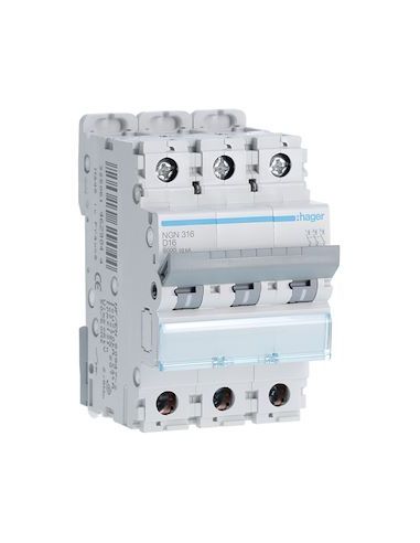 Disjoncteur 16A 3P 6-10kA Courbe D 3modules HAGER NGN316