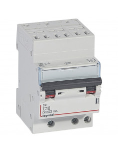 Disjoncteur DX³4500 6kA arrivée haute bornes auto sortie basse bornes vis Tripolaire 400V~ 10A courbe C 3 modules LEGRAND 406899