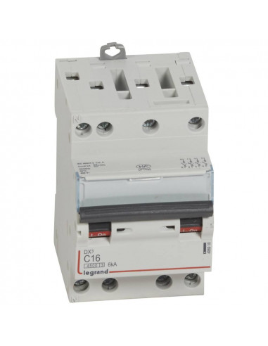 Disjoncteur DX³4500 6kA arrivée haute et sortie basse par borne à vis tétrapolaire 400V 16A courbe C 3 modules LEGRAND 406910