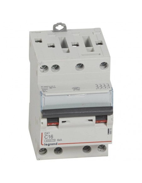 Disjoncteur DX³4500 6kA arrivée haute et sortie basse par borne à vis tétrapolaire 400V 16A courbe C 3 modules LEGRAND 406910