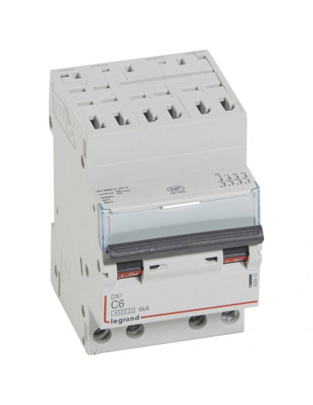 Disjoncteur DX³4500 6kA arrivée haute borne auto sortie basse à vis tétrapolaire 400V~ 6A courbe C 3 modules LEGRAND 406915