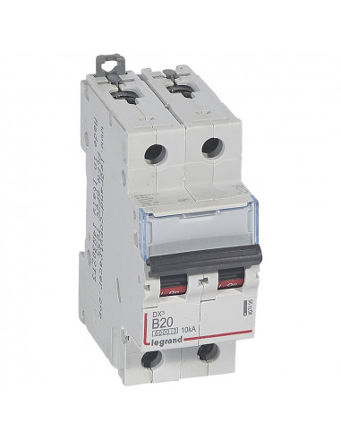 Disjoncteur DX³6000 arrivée haute et départ bas à vis 2 Pôles 230V à 400V 20A courbe B 2 modules LEGRAND 407495/407510