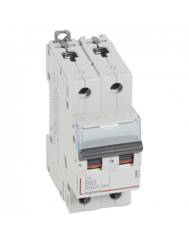 Disjoncteur DX³6000 10kA arrivée haute et départ bas à vis 2 Pôles 230V à 400V 63A courbe B 2 modules  LEGRAND 407500