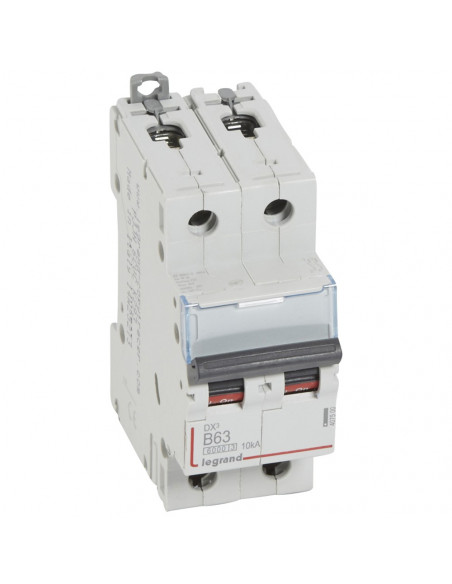 Disjoncteur DX³6000 10kA arrivée haute et départ bas à vis 2 Pôles 230V à 400V 63A courbe B 2 modules  LEGRAND 407500