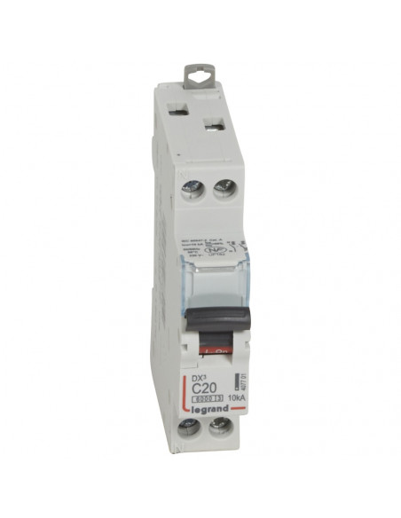 Disjoncteur DX³6000 10kA arrivée haute et départ bas à vis U+N 230V~ 20A courbe C 1 module LEGRAND 407701