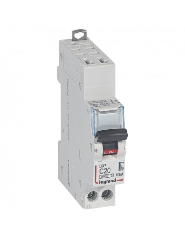 Disjoncteur DX³6000 10kA arrivée haute automatique et départ bas à vis U+N 230V 20A courbe C 1 module LEGRAND 407715