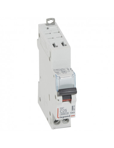 Disjoncteur DX³6000 10kA arrivée haute automatique et départ bas à vis U+N 230V 25A courbe C 1 module LEGRAND 407716