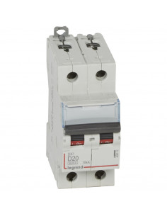 Disjoncteur DX³6000 arrivée haute et départ bas à vis 2 Pôles 400V 20A courbe D 2 modules LEGRAND 408016