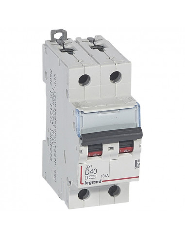 Disjoncteur DX³6000 10kA arrivée haute et départ bas à vis 2 Pôles 400V 40A courbe D 2 modules LEGRAND 408019