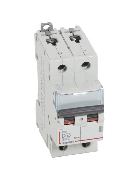 Disjoncteur DX³6000 10kA arrivée haute et départ bas à vis 2 Pôles 400V 63A courbe D 2 modules LEGRAND 408021