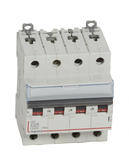 Disjoncteur DX³6000 arrivée haute et départ bas à vis 4 Pôles 400V~ 25A courbe D peigne HX³ traditionnel LEGRAND 408119