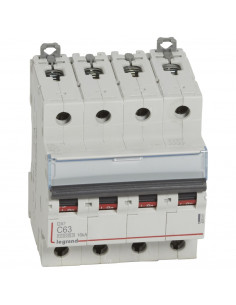 Disjoncteur DX³10000 16kA arrivée haute et départ bas à vis 4 Pôles 400V 63A courbe C 4 modules LEGRAND 409361