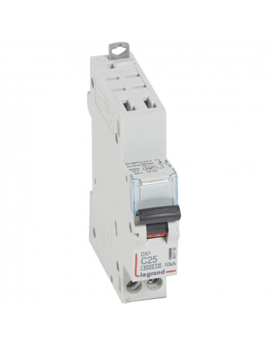 Disjoncteur DX³6000 10kA arrivée haute automatique et départ bas à vis U+N 230V 25A courbe C 1 module LEGRAND 407716