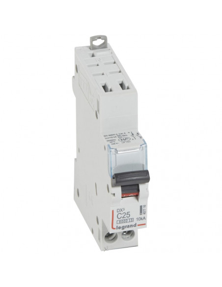 Disjoncteur DX³6000 10kA arrivée haute automatique et départ bas à vis U+N 230V 25A courbe C 1 module LEGRAND 407716