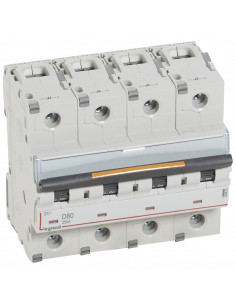 Disjoncteur DX³ 25kA arrivée haute et départ bas à vis 4 Pôles 400V~ 80A courbe D 6 modules LEGRAND 409853