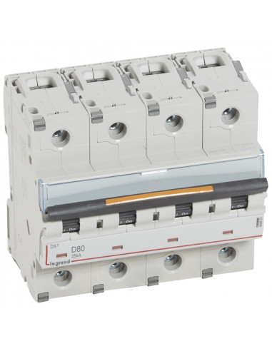 Disjoncteur DX³ 25kA arrivée haute et départ bas à vis 4 Pôles 400V~ 80A courbe D 6 modules LEGRAND 409853