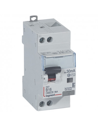 Disjoncteur différentiel DX³4500 arrivée haute et départ bas à vis U+N 230V 16A type AC 30mA courbe B 2 modules LEGRAND 410735