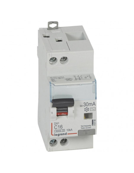 Disjoncteur différentiel monobloc DX³6000 10kA arrivée haute et départ bas à vis U+N 230V~ 16A type AC 30mA LEGRAND 410785