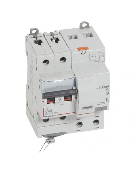 Disjoncteur différentiel monobloc DX³6000 10kA arrivée haute départ bas vis 2 Pôles 230V à 400V 40A type AC 300mA LEGRAND 411176